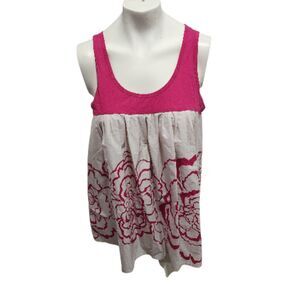 Theory Pink Floral Embroidered Tank Top Large Sleeveless Boho Peplum Style